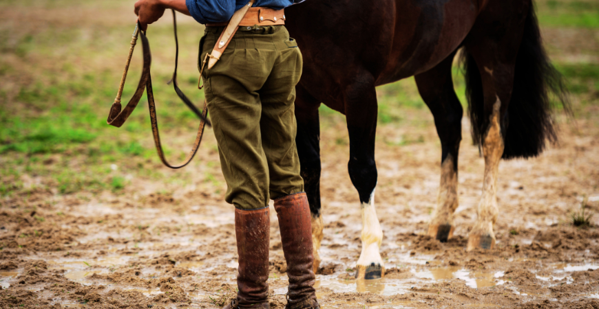 Caballo en el barro con su jinete